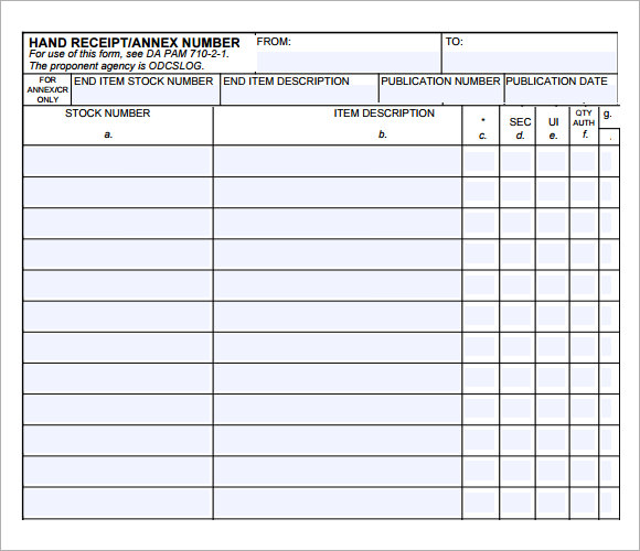 DA Form Hand Receipt Fillable