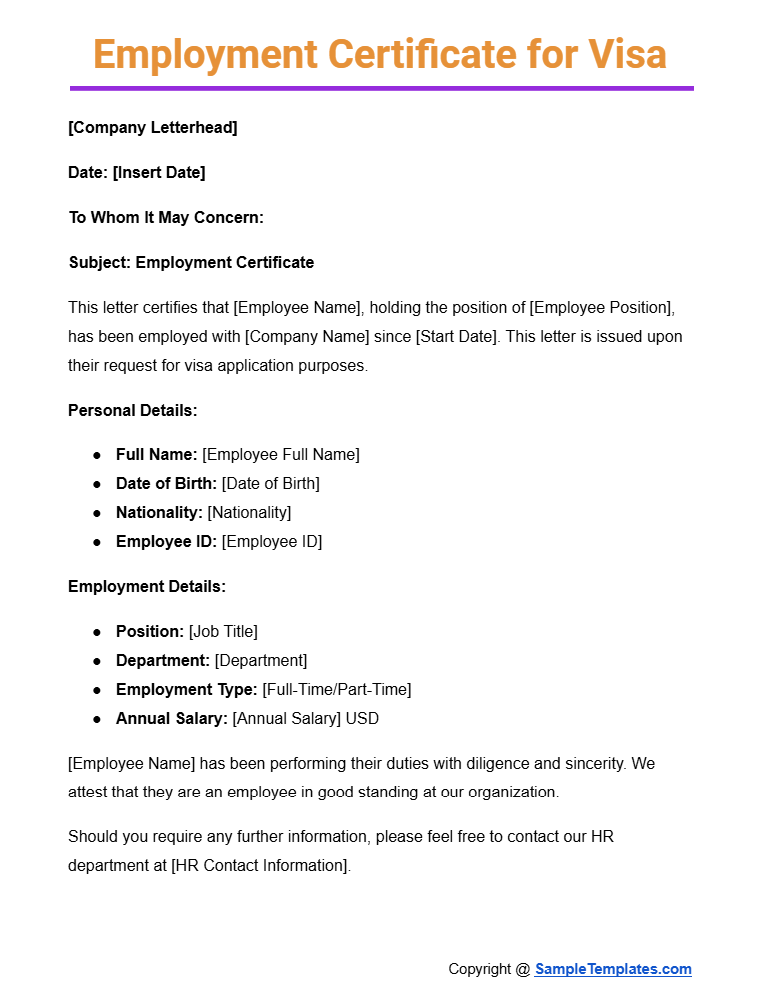 employment certificate for visa