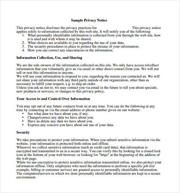 sample privacy policy template