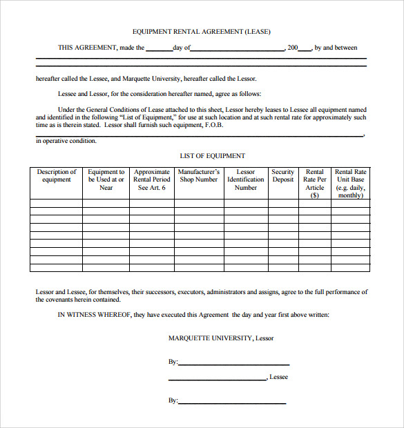 Equipment Operating Lease Agreement Template