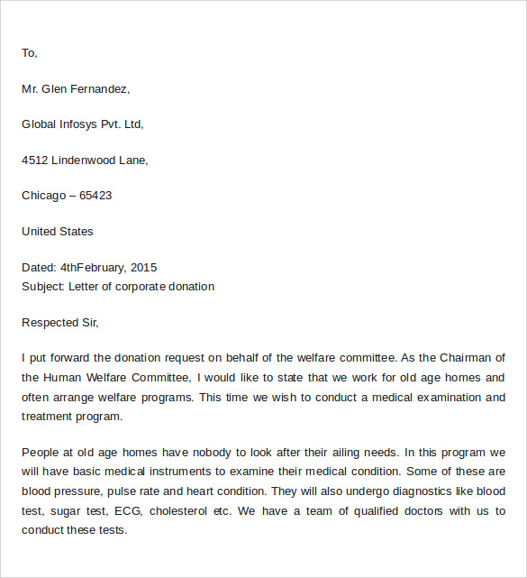 sample donation letter format free