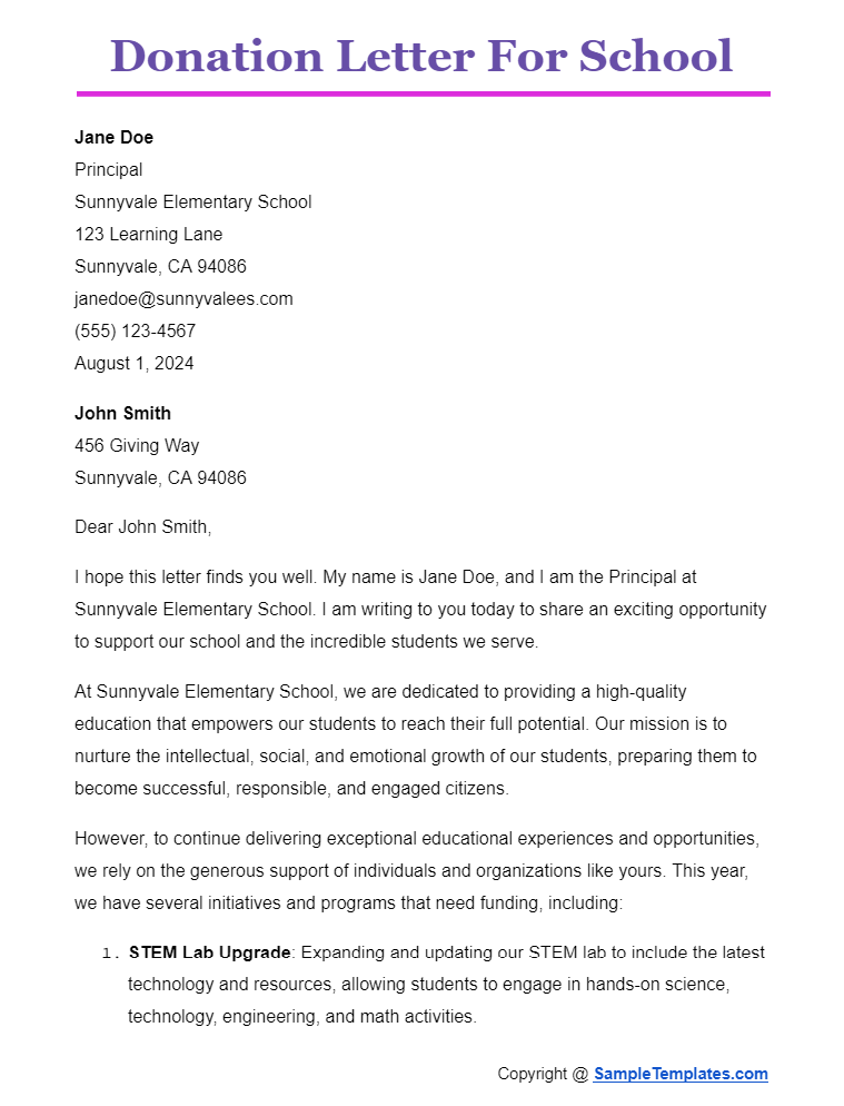 donation letter for school