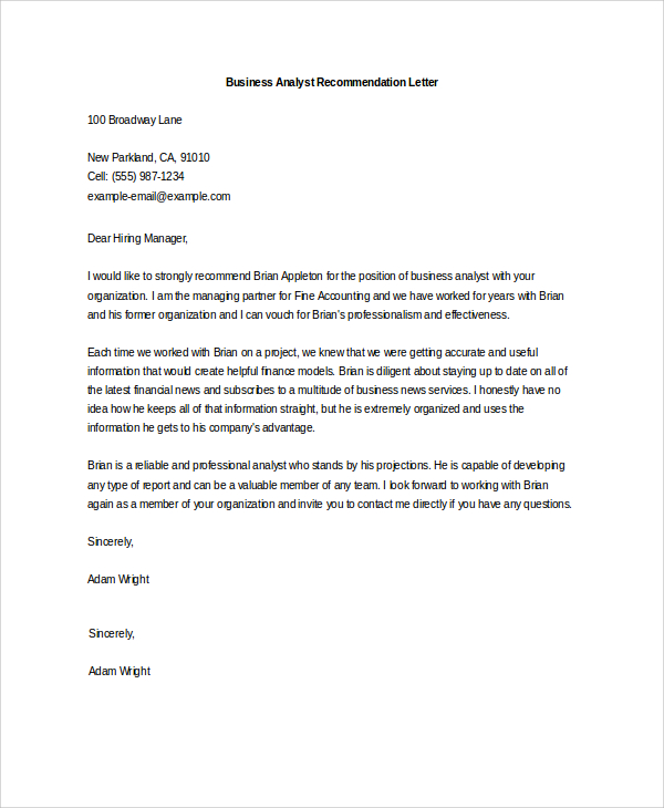 business analyst recommendation letter