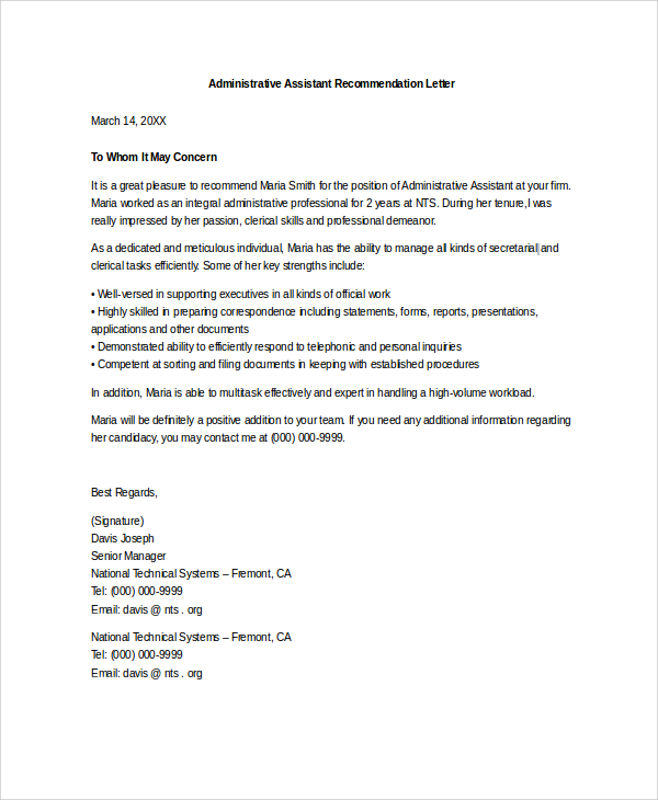 administrative assistant recommendation letter