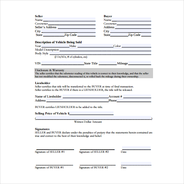 Auto Sale Agreement Template