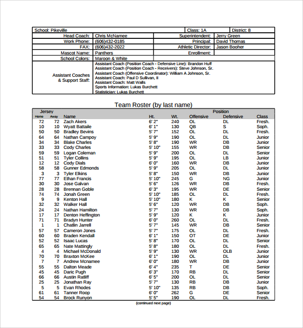 season football roster template