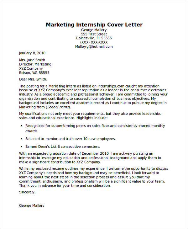 FREE 7+ Sample Internship Cover Letter Templates in PDF | MS Word