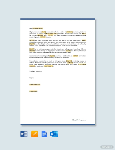 letter of recommendation for elementary teacher template