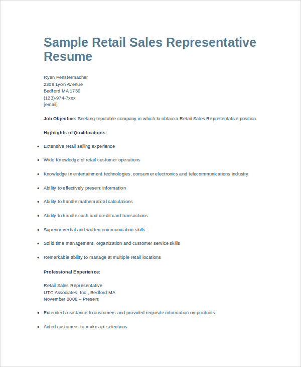 retail sales representative resume