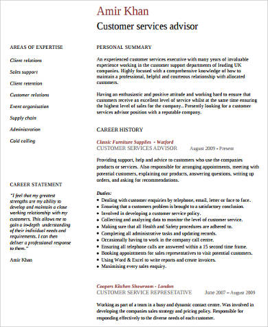 customer service advisor resume sample