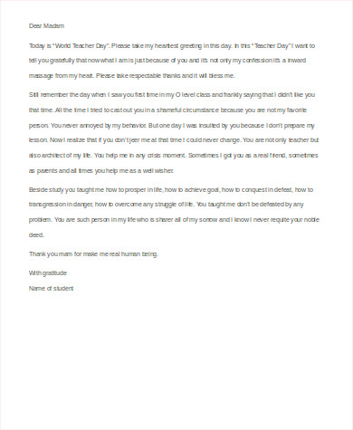 sample thank you letter to teacher from student