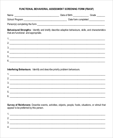 Functional Behavior Assessment Printable