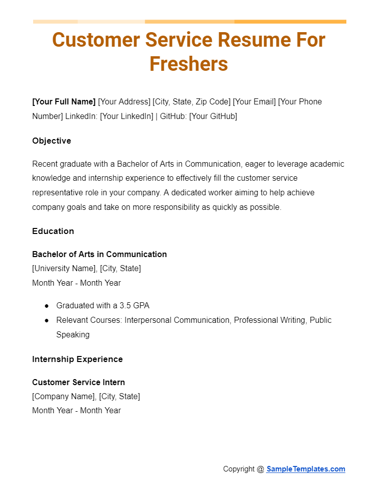 customer service resume for freshers