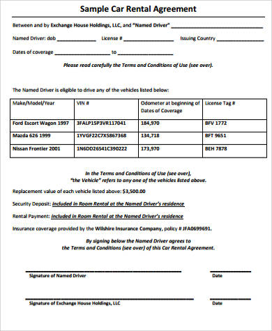 basic car rental agreement sample