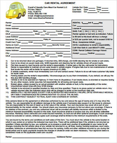 free printable car rental agreement form sample