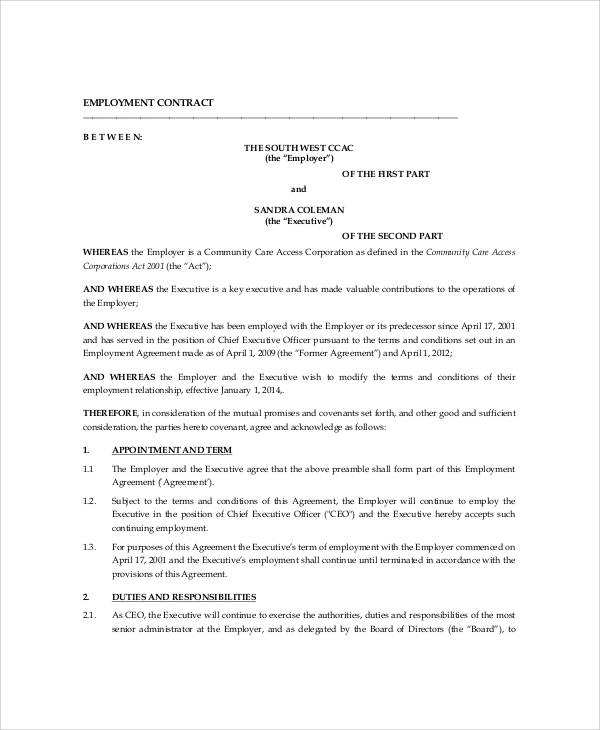 chief executive employment contract sample