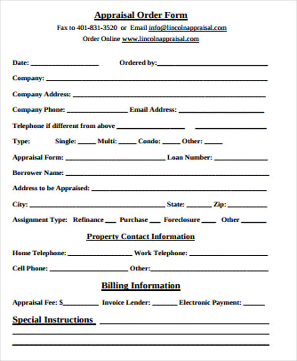 appraisal billing order form