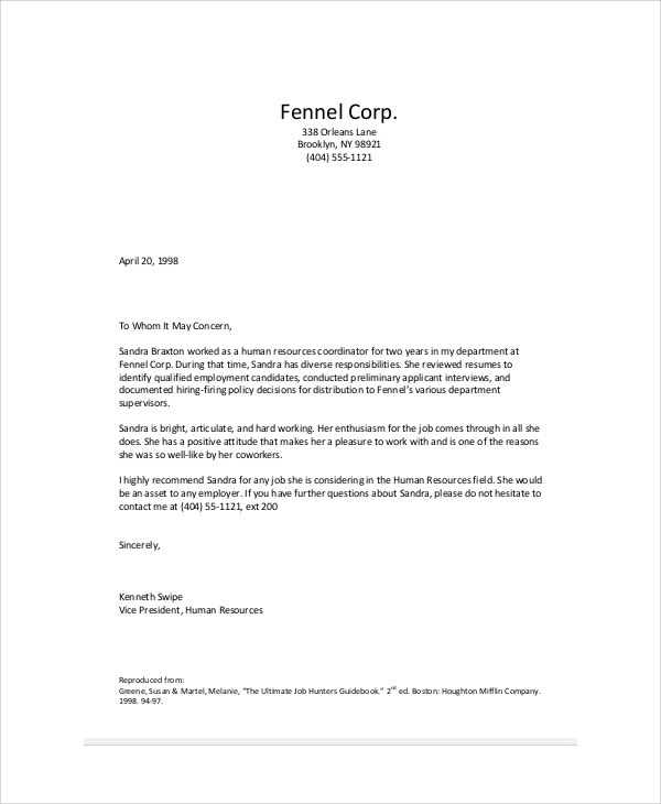 Reference Letter Template For Coworker