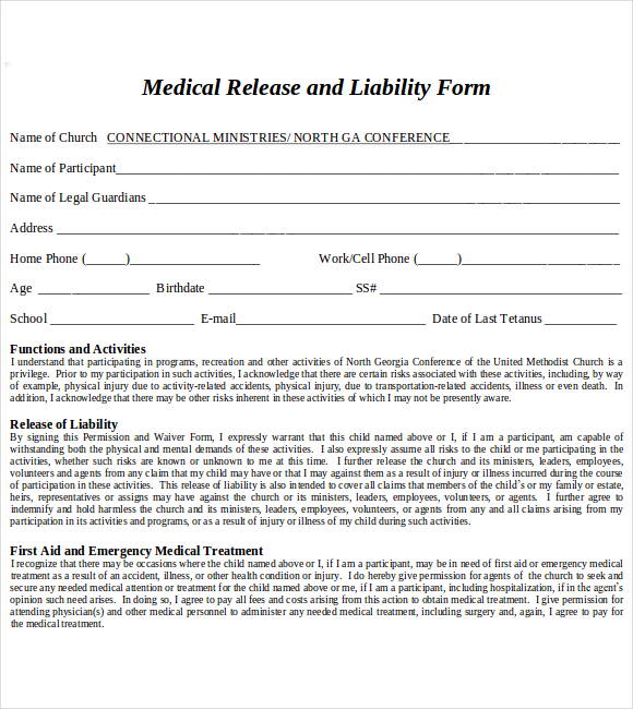 Medical Release Of Liability Form Template