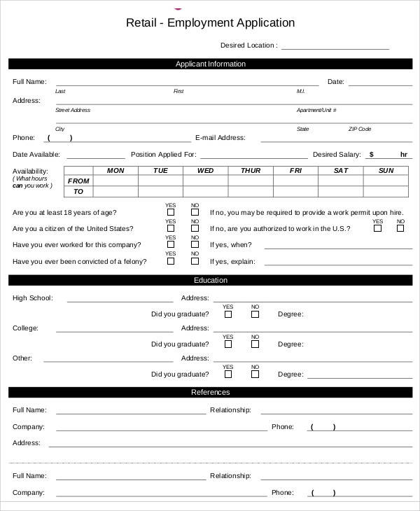 Retail Job Application Forms - Great Professionally Designed Templates