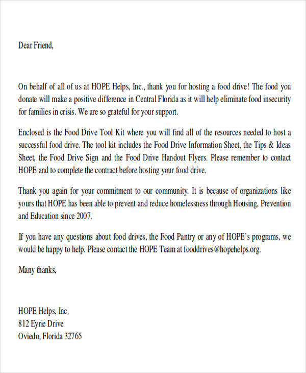 Sample Thank You Letter For Donation Of Food