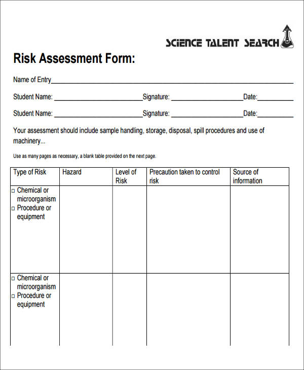 Printable Risk Assessment Forms