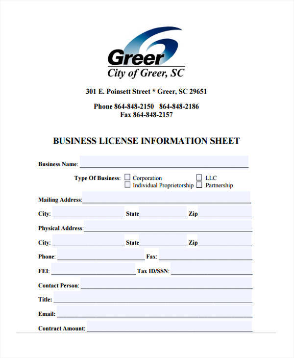 business license information sample sheet