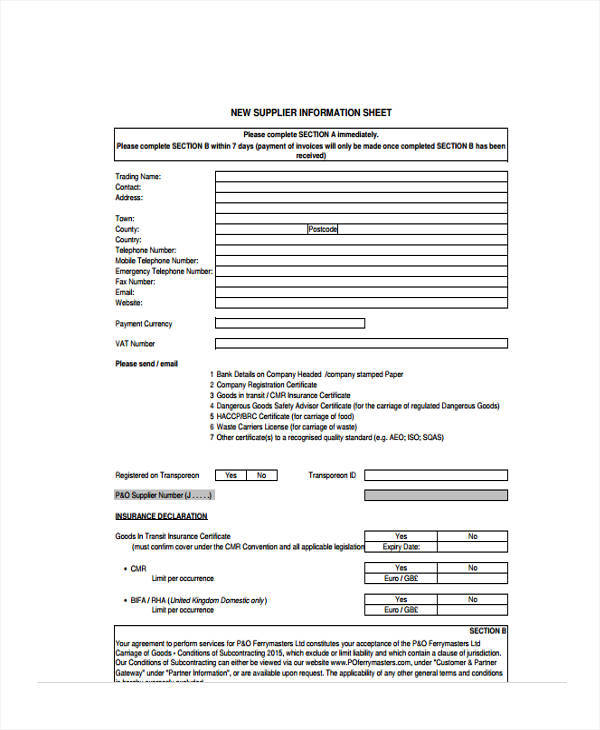 new sheet for supplier information