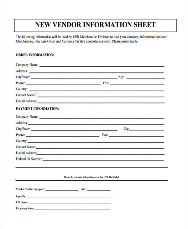 new sheet for vendor information