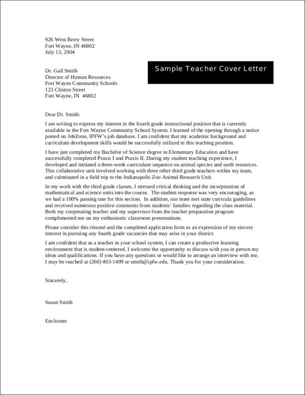 sample teacher cover letter