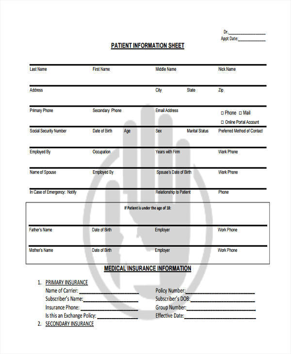 sheet for medical patient information