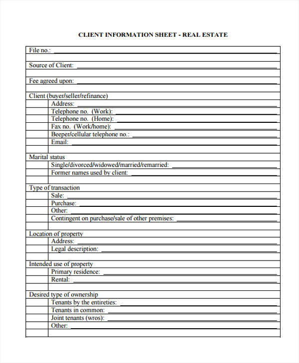 sheet for real estate client information