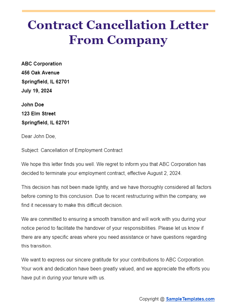 contract cancellation letter from company