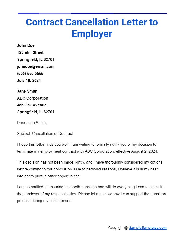 contract cancellation letter to employer