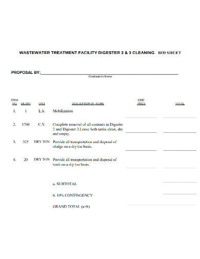 cleaning bid sheet sample