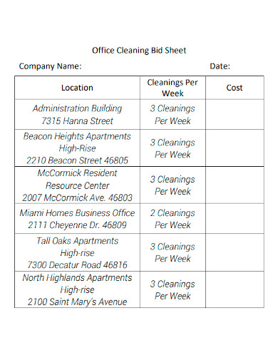 office cleaning bid sheet