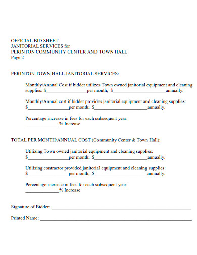 official cleaning bid sheet