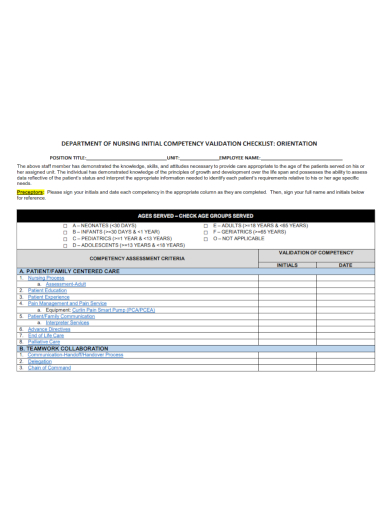 Nurse Orientation Checklist