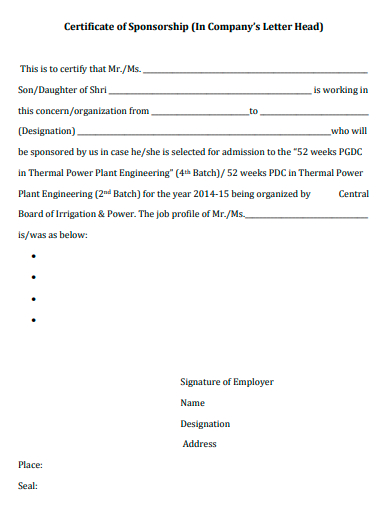 formal sponsorship certificate template