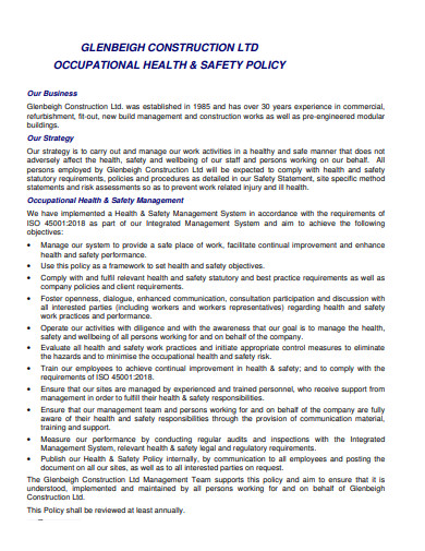 construction occupational health and safety policy template