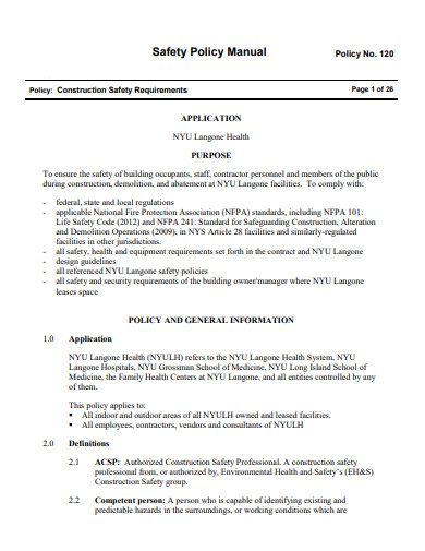 construction safety requirements policy template