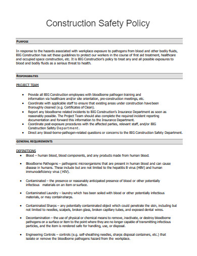 formal construction safety policy template