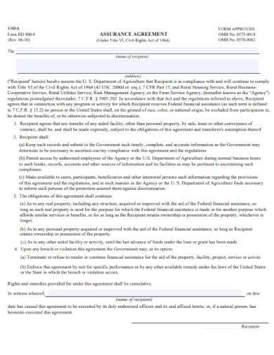 sample assurance agreement form template