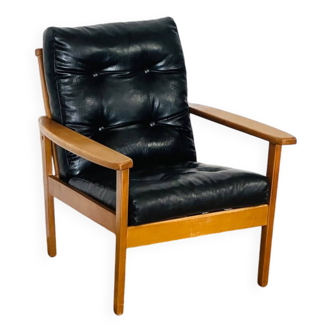 Fauteuil scandinave en teck et cuir noir 1960