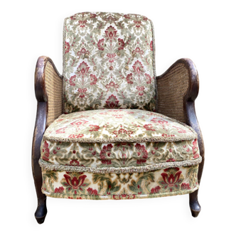 Fauteuil anglais cannage et velours , style Chippendale