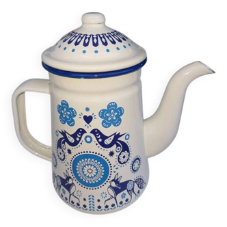 cafetière ou théière vintage en émail bleu et blanc