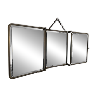 Miroir vintage 1910 triptyque cristal nickel femme enfant - 27 x 67 cm