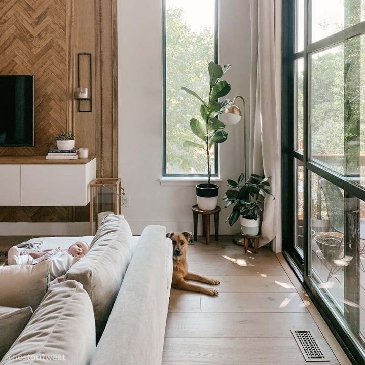 Minimalist living room with Honeycomb Brass Floor Register in Antique Brass