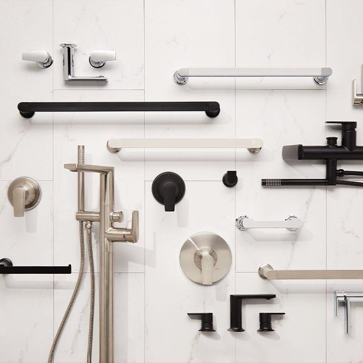 flat lay of various bathroom hardware