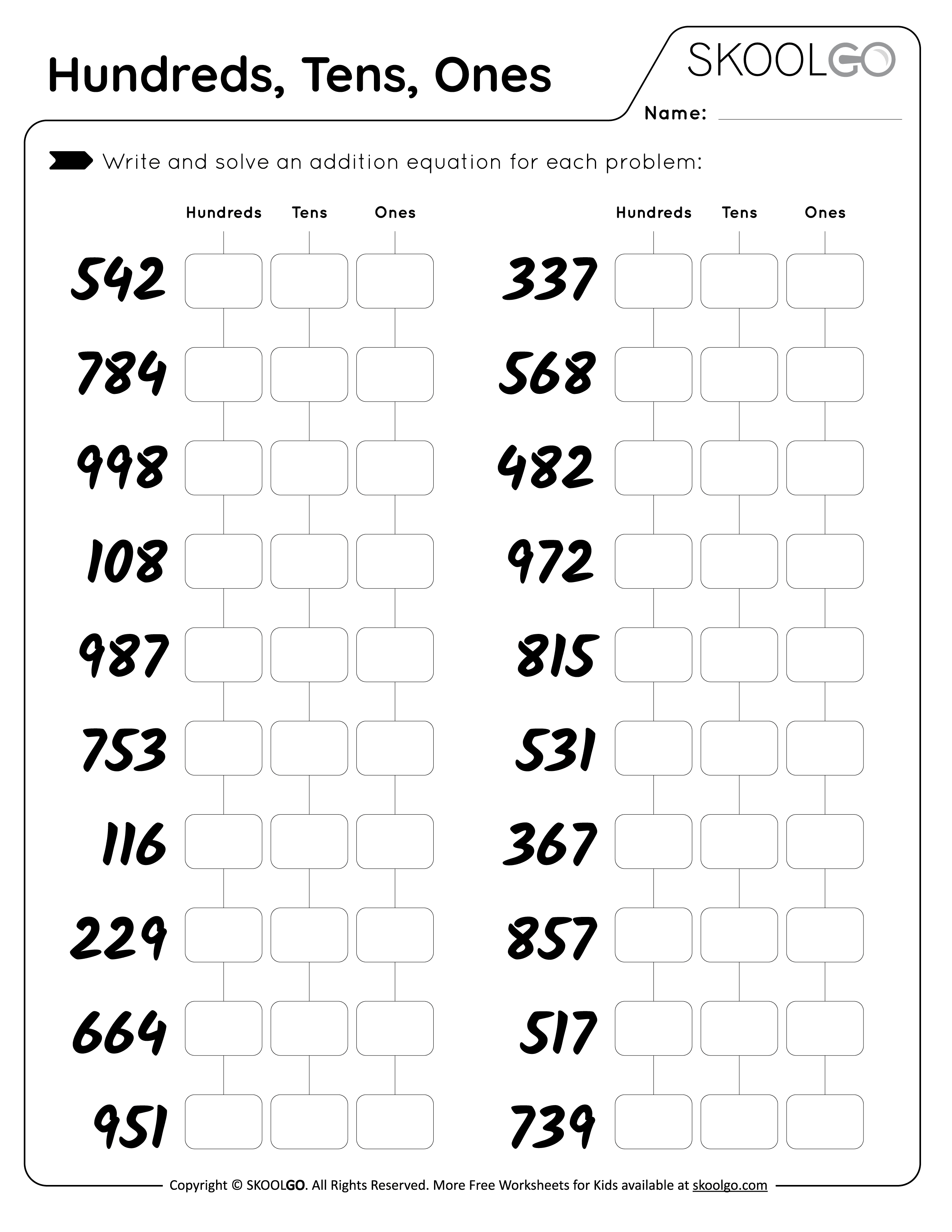 Hundreds Tens And Ones Worksheets